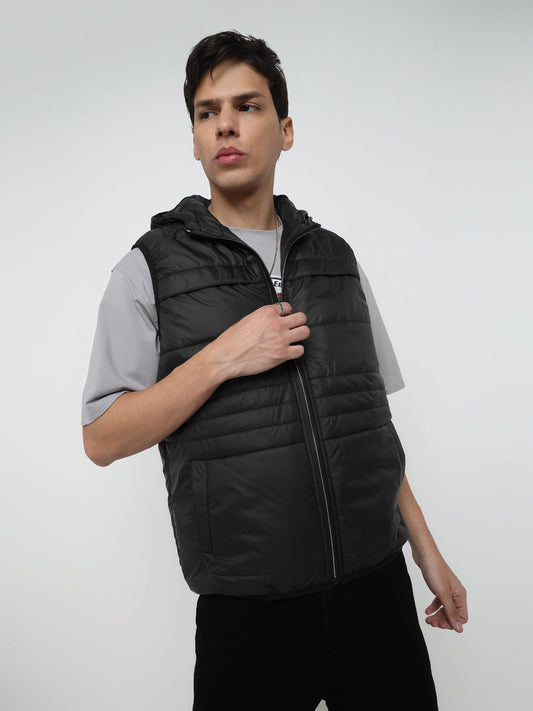 Men Regular Fit Premium Multi Pocket Black Sleeveless Hooded Jacket