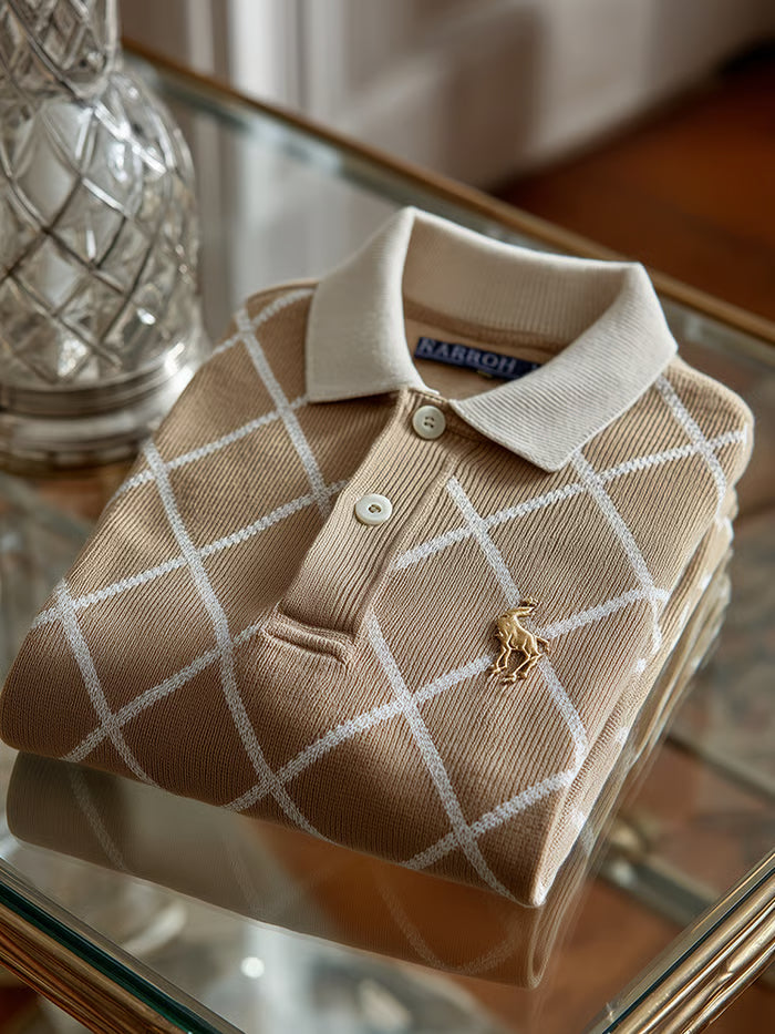 TeeCrate Men’s Check Business Casual Short Sleeve Ribbed Knitting Polo Shirt