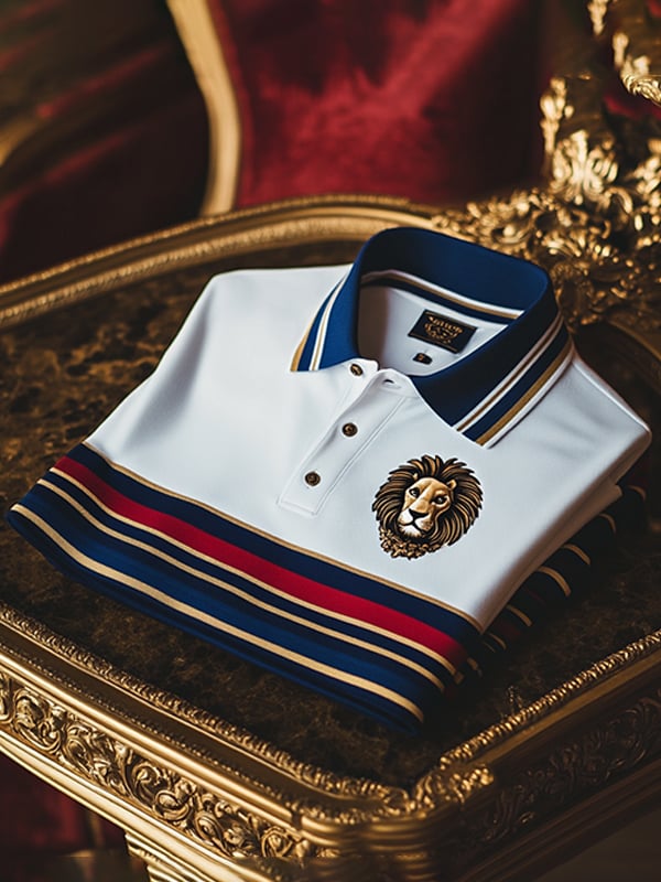 Men's Business Stripe Logo Button-Down Short Sleeve Polo T-Shirt