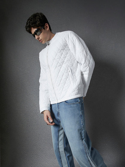 Men Premium Regular Fit Stylised Mandarin Collar Full Zip Full Sleeve White Jacket