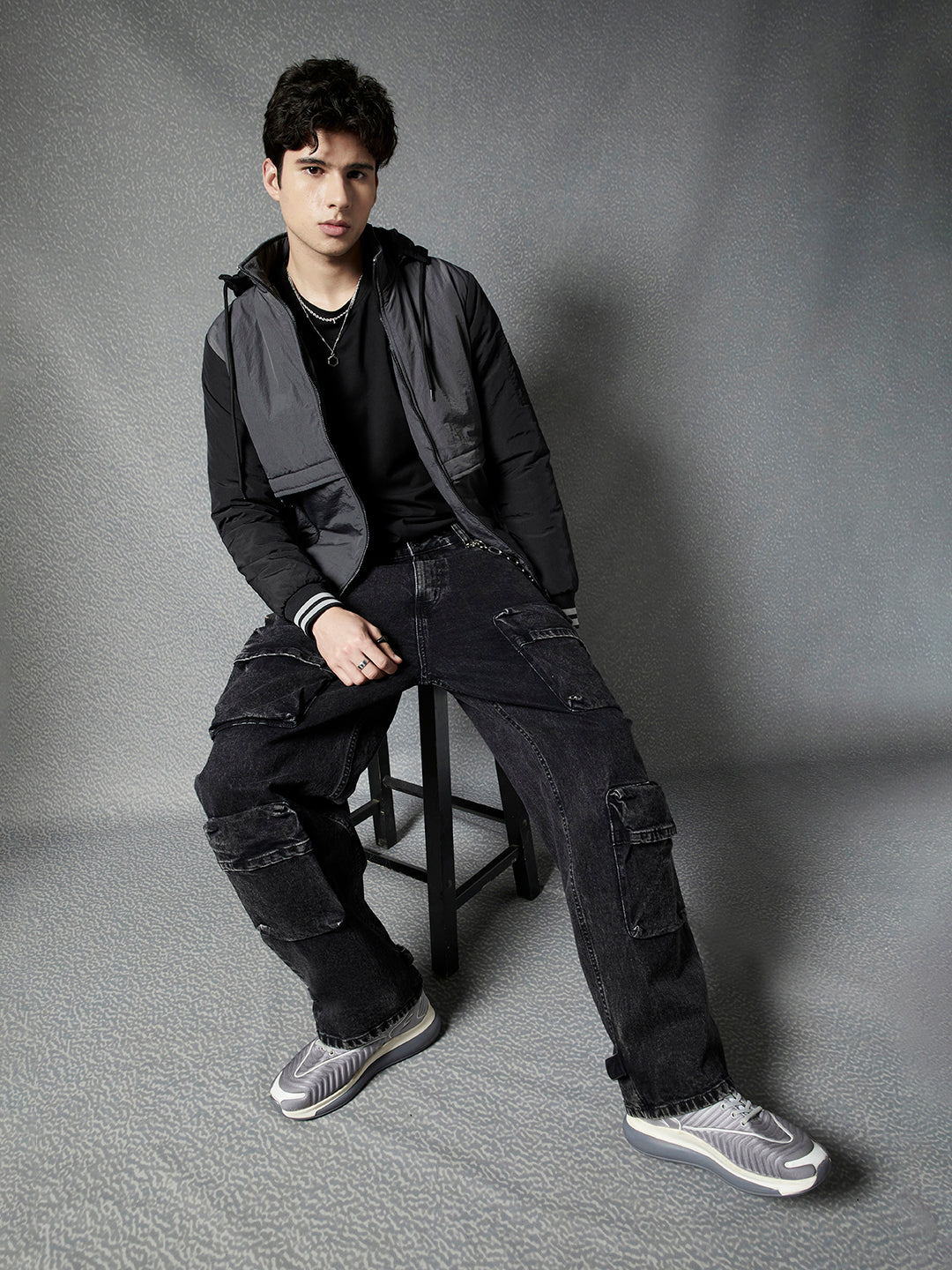 Men Regular Fit Solid Grey Hoodie Jacket