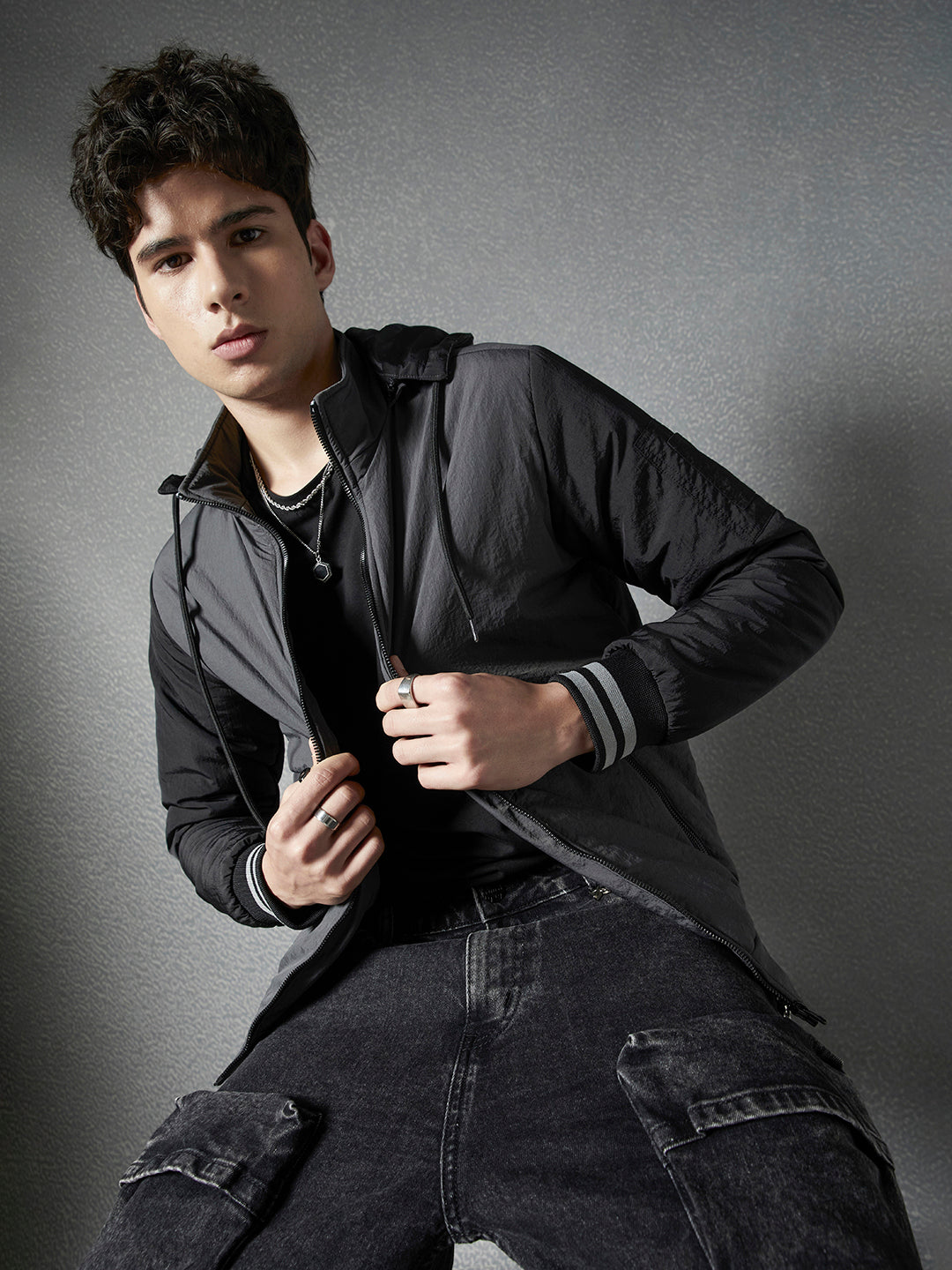 Men Regular Fit Solid Grey Hoodie Jacket