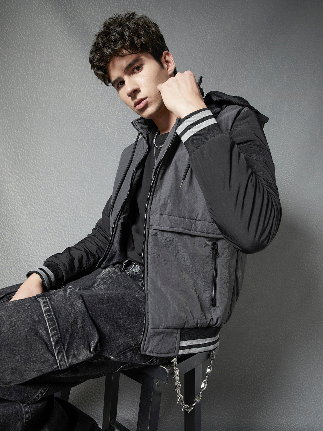 Men Regular Fit Solid Grey Hoodie Jacket