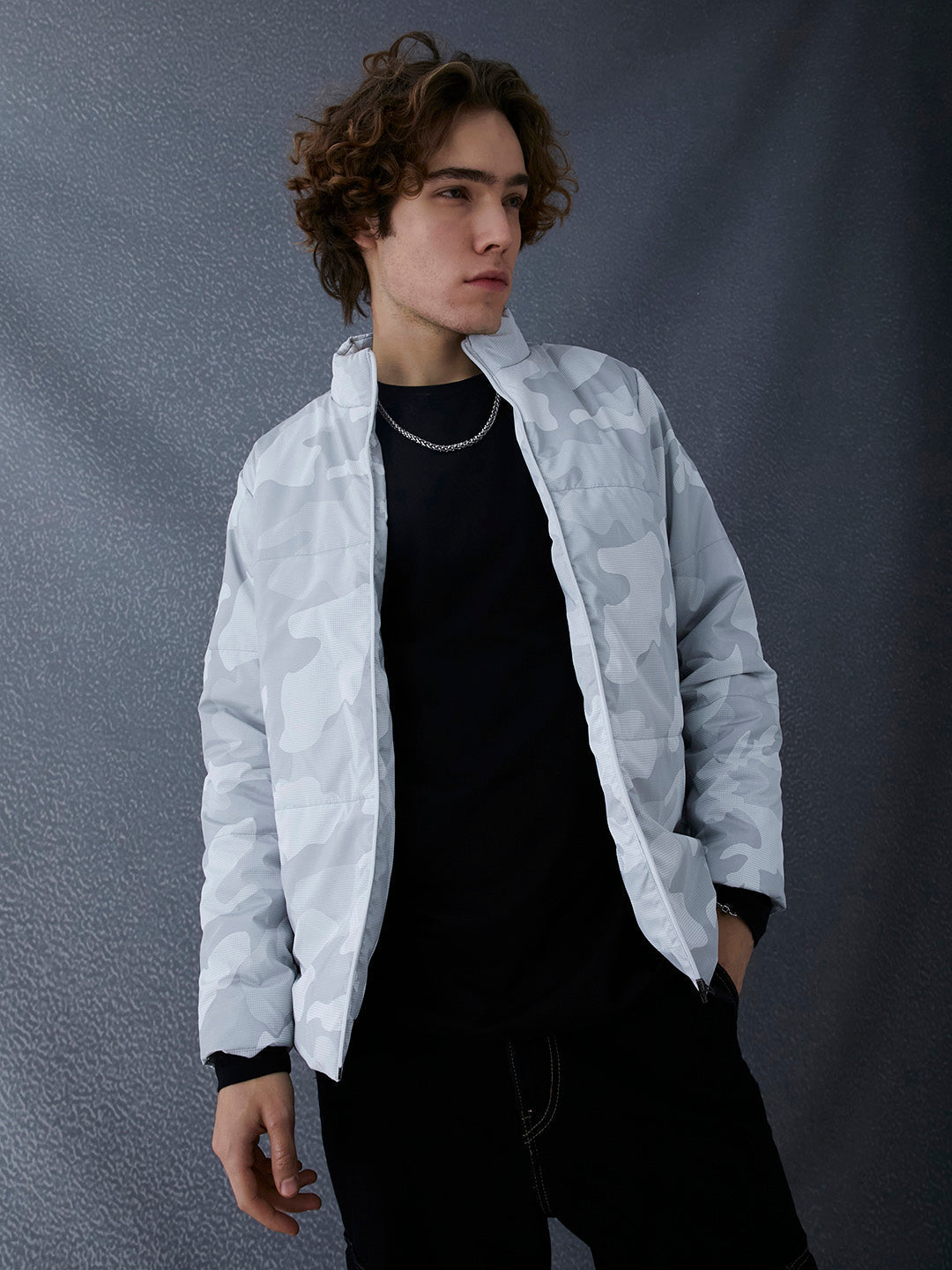 Men Premium Regular Fit Printed Full Sleeve White Jacket