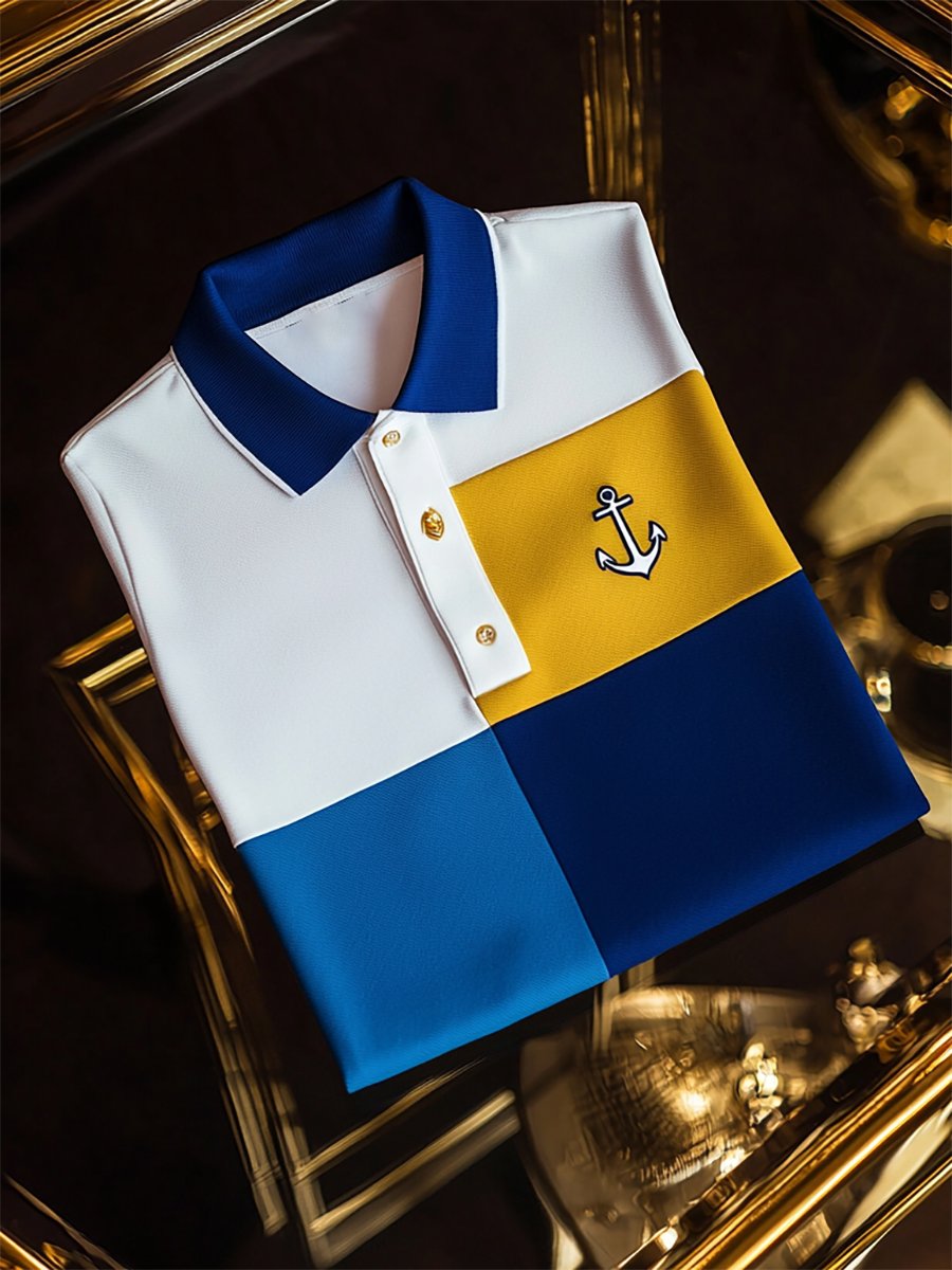 Men's Business Stripe Logo Button-Down Short Sleeve Polo T-Shirt