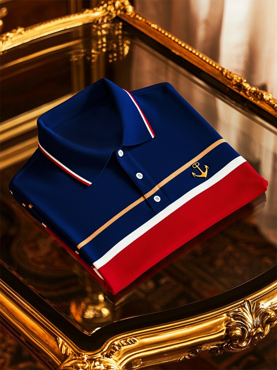 Men's Business Stripe Logo Button-Down Short Sleeve Polo T-Shirt