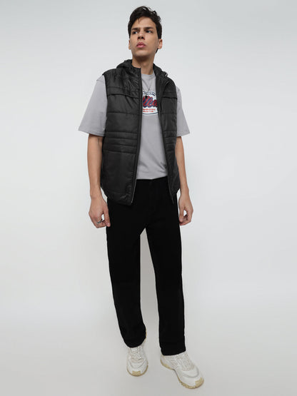 Men Regular Fit Premium Multi Pocket Black Sleeveless Hooded Jacket