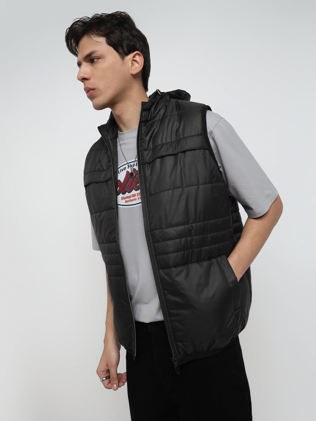 Men Regular Fit Premium Multi Pocket Black Sleeveless Hooded Jacket