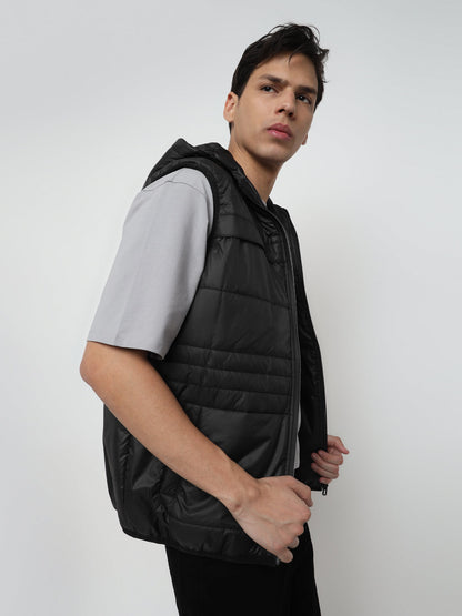 Men Regular Fit Premium Multi Pocket Black Sleeveless Hooded Jacket