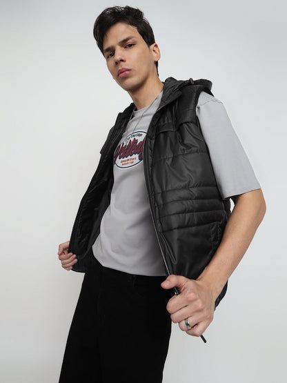 Men Regular Fit Premium Multi Pocket Black Sleeveless Hooded Jacket