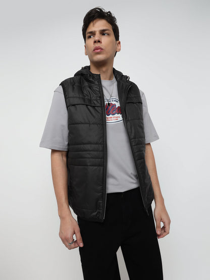 Men Regular Fit Premium Multi Pocket Black Sleeveless Hooded Jacket