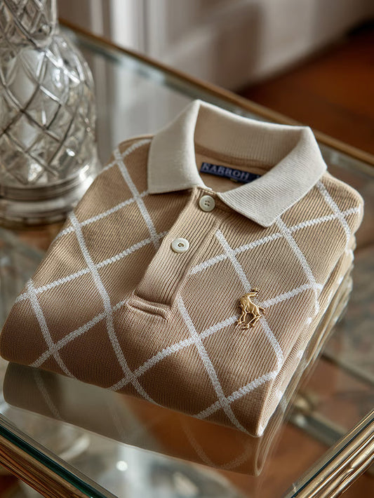 TeeCrate Men’s Check Business Casual Short Sleeve Ribbed Knitting Polo Shirt