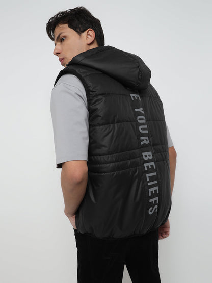 Men Regular Fit Premium Multi Pocket Black Sleeveless Hooded Jacket